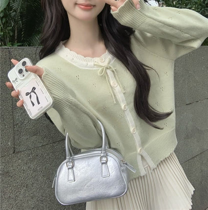 Round Neck Two Tone Pointelle Cardigan