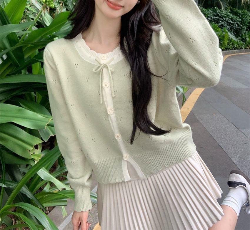 Round Neck Two Tone Pointelle Cardigan