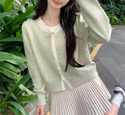 Round Neck Two Tone Pointelle Cardigan