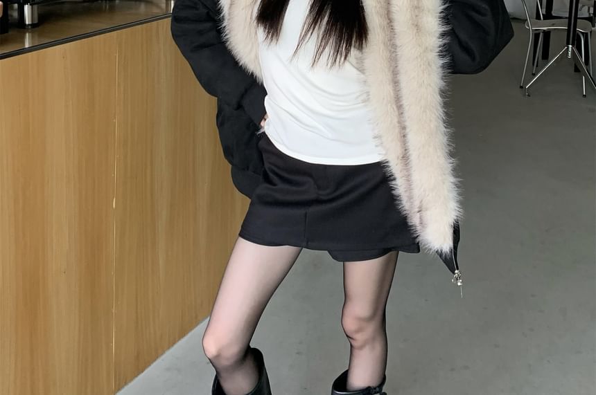 Plain Hooded Two-Way Faux Fur Jacket