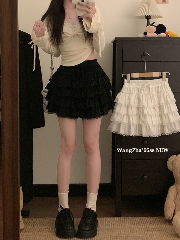Tiered Lace Trim Mini A-Line Skirt - High Waist
