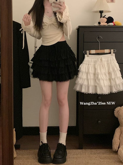 Tiered Lace Trim Mini A-Line Skirt - High Waist