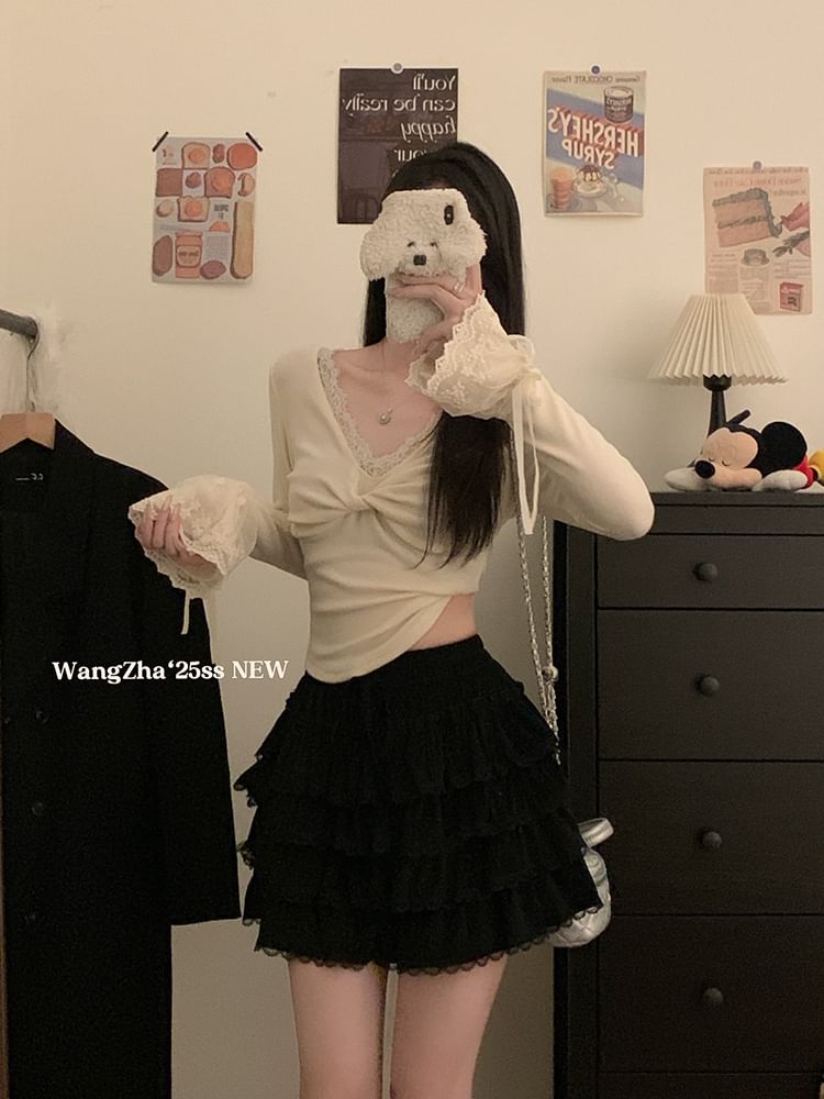 Tiered Lace Trim Mini A-Line Skirt - High Waist