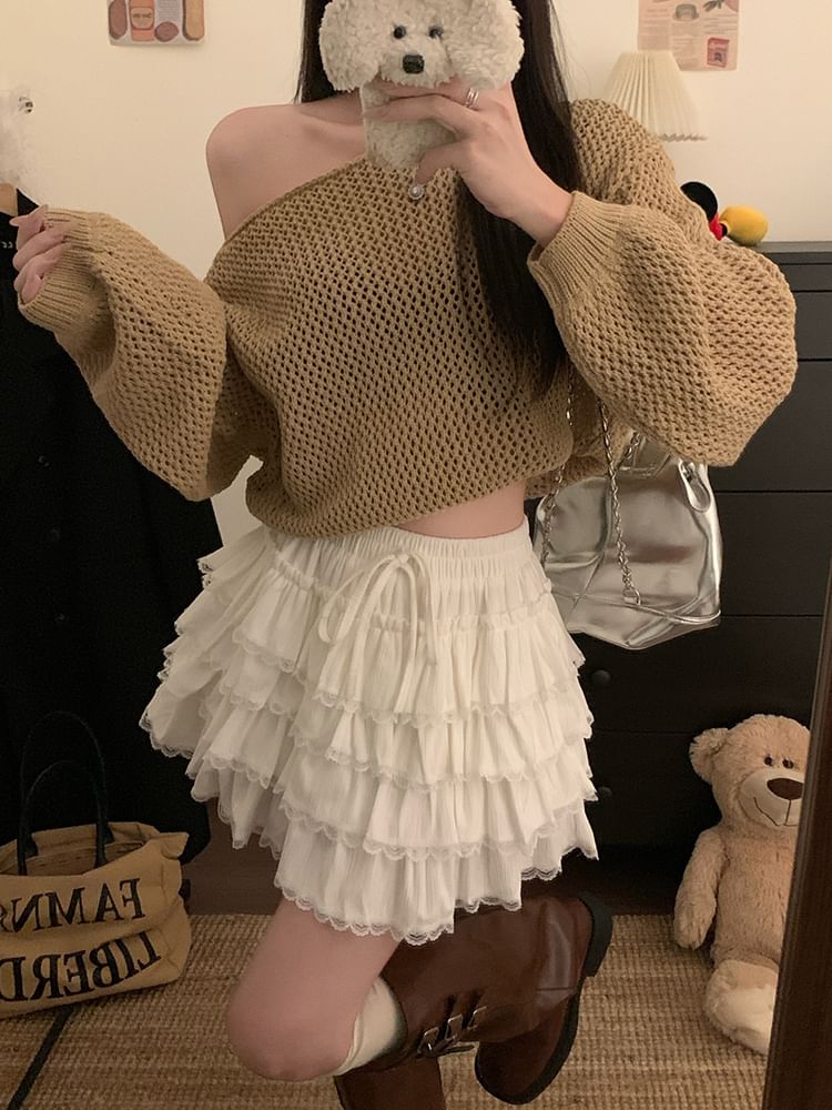 Tiered Lace Trim Mini A-Line Skirt - High Waist
