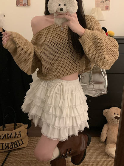 Tiered Lace Trim Mini A-Line Skirt - High Waist