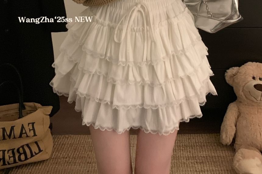 Tiered Lace Trim Mini A-Line Skirt - High Waist