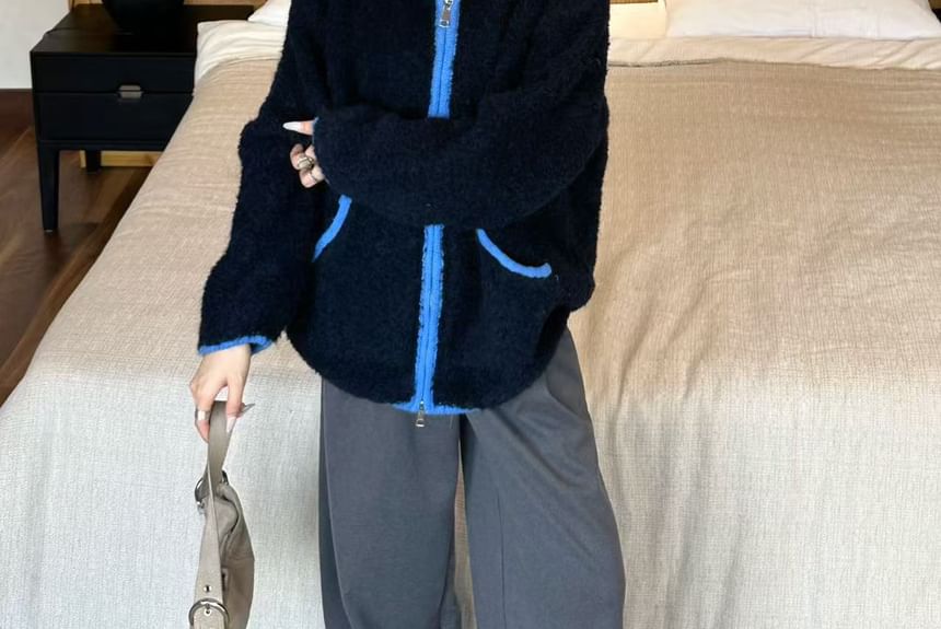 Stand Collar Plain Contrast Trim Fluffy Zip Jacket