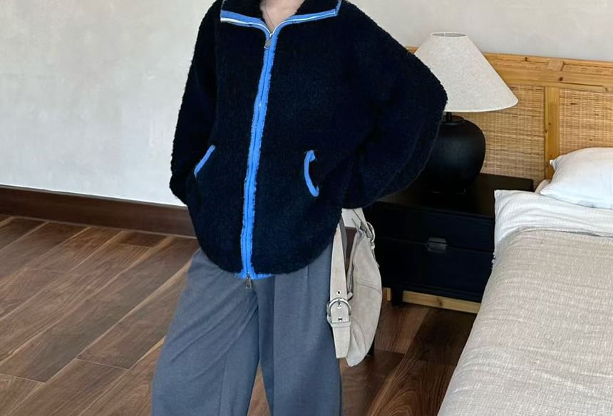 Stand Collar Plain Contrast Trim Fluffy Zip Jacket