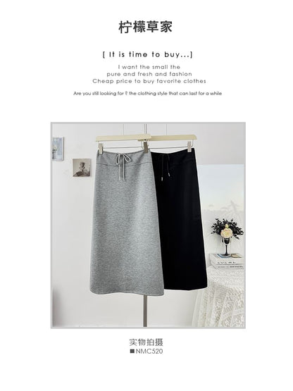 Drawstring Waist Midi A-Line Skirt