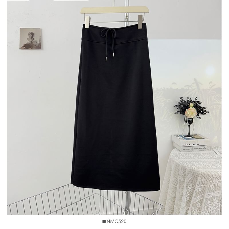 Drawstring Waist Midi A-Line Skirt