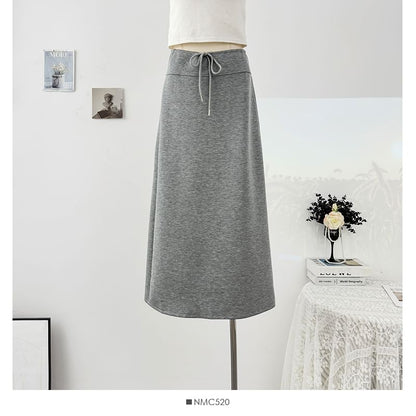Drawstring Waist Midi A-Line Skirt