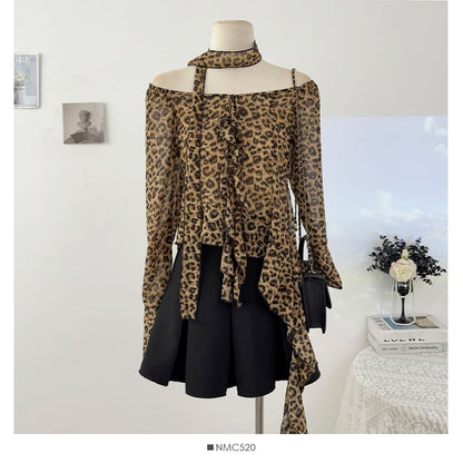Leopard Print V-Neck Long-Sleeve Shirt