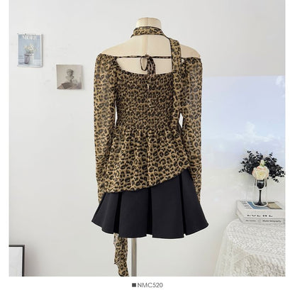 Leopard Print V-Neck Long-Sleeve Shirt