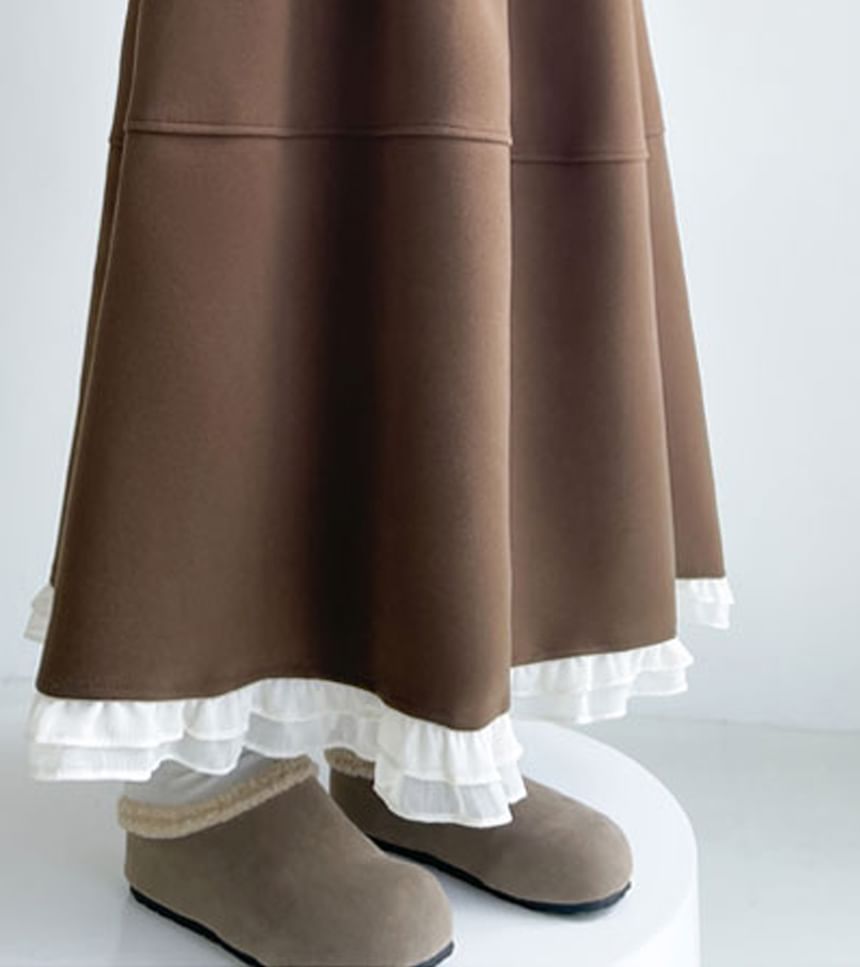 Ruffle Hem Maxi A-Line Skirt with High Waist
