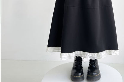 Ruffle Hem Maxi A-Line Skirt with High Waist