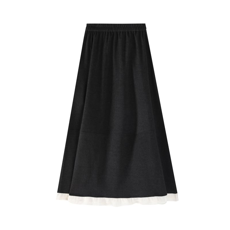 Ruffle Hem Maxi A-Line Skirt with High Waist