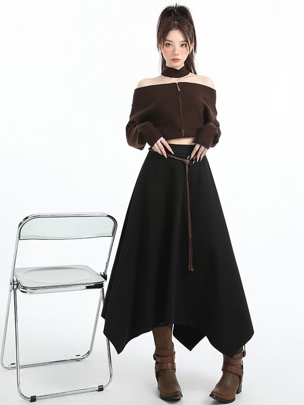 Asymmetrical Midi A-Line Skirt - High Waist