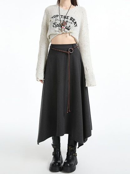 Asymmetrical Midi A-Line Skirt - High Waist