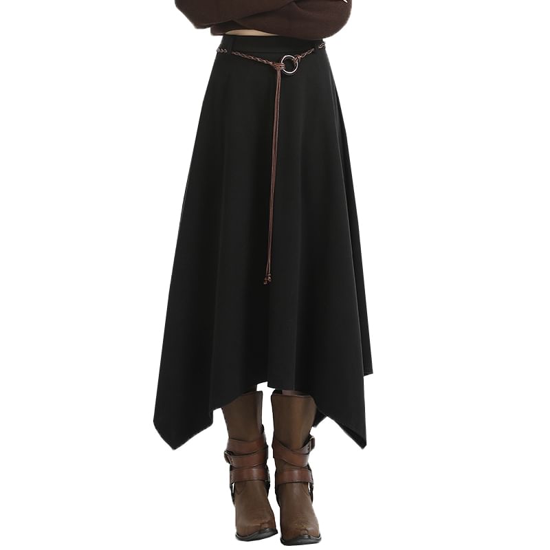 Asymmetrical Midi A-Line Skirt - High Waist