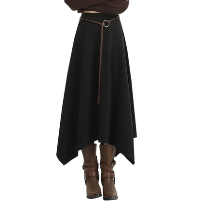 Asymmetrical Midi A-Line Skirt - High Waist