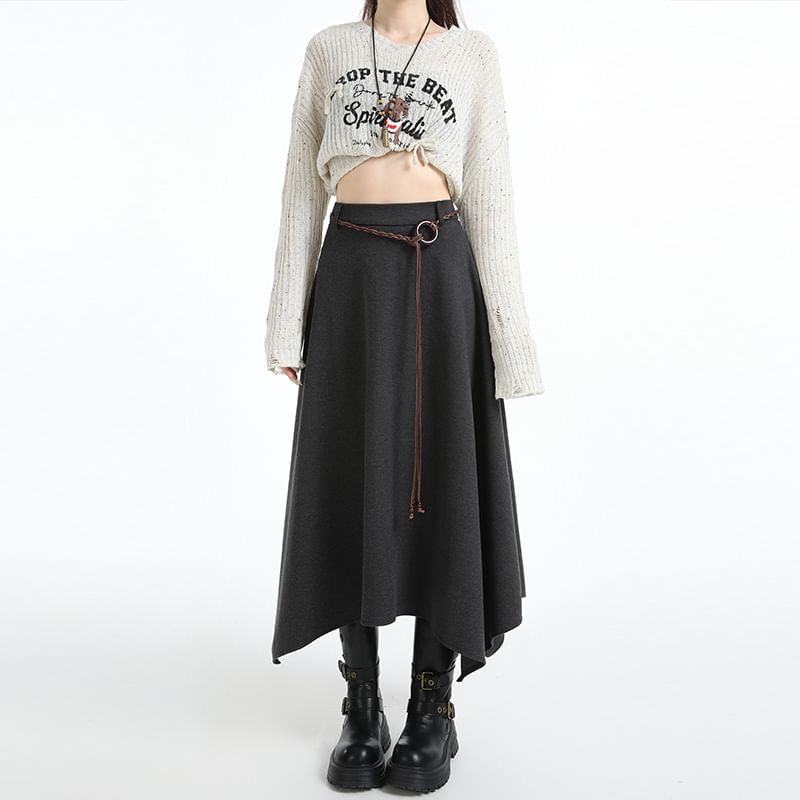 Asymmetrical Midi A-Line Skirt - High Waist