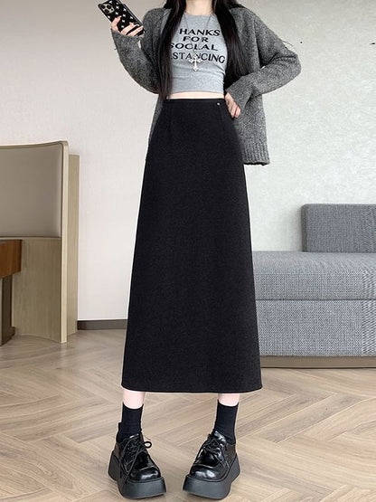 Straight Midi Skirt with Back Slit High Waist