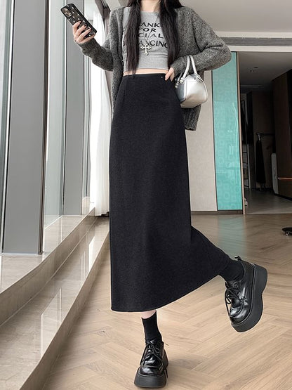 Straight Midi Skirt with Back Slit High Waist