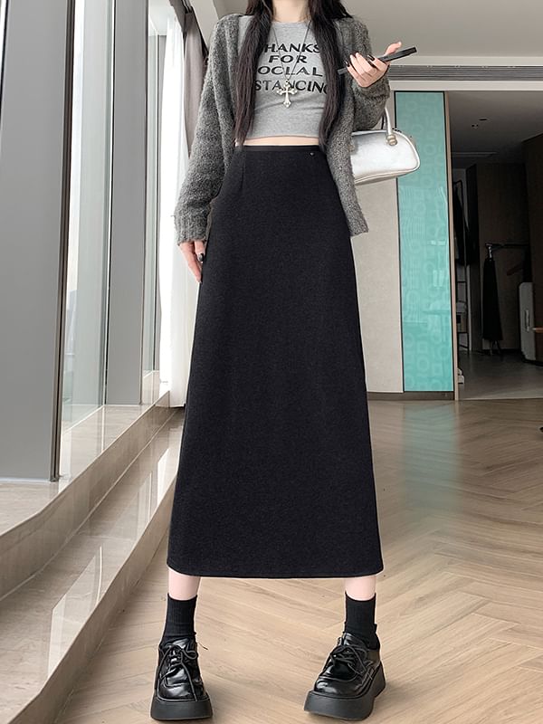 Straight Midi Skirt with Back Slit High Waist