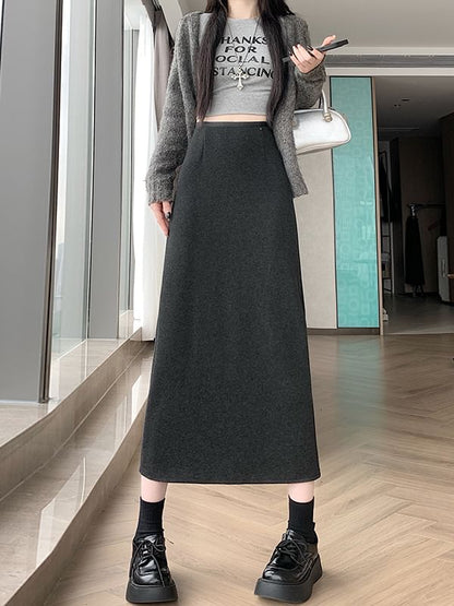 Straight Midi Skirt with Back Slit High Waist