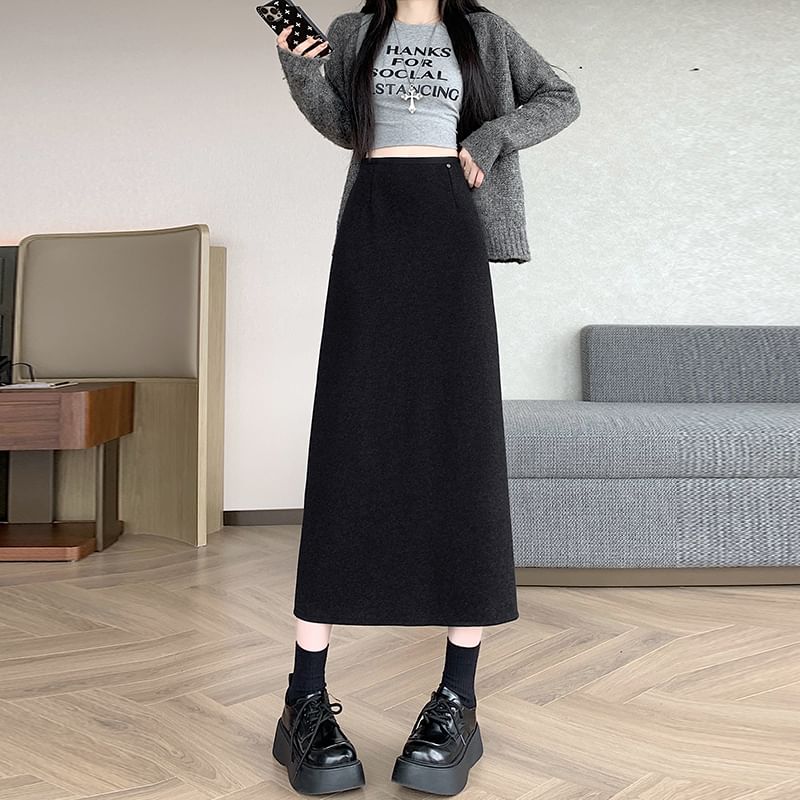 Straight Midi Skirt with Back Slit High Waist