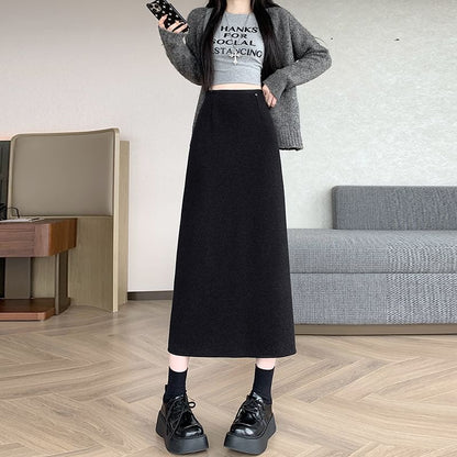 Straight Midi Skirt with Back Slit High Waist
