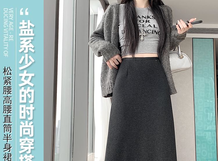 Straight Midi Skirt with Back Slit High Waist
