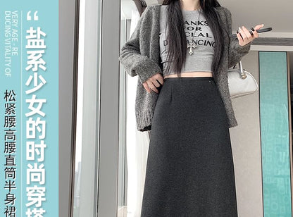 Straight Midi Skirt with Back Slit High Waist