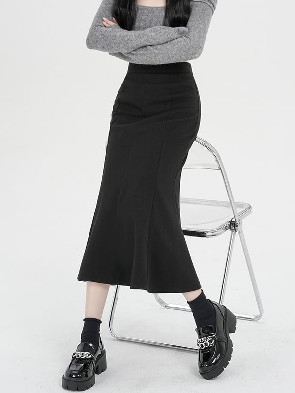Plain High Waist Mermaid Hem Midi Skirt