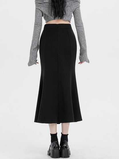 Plain High Waist Mermaid Hem Midi Skirt