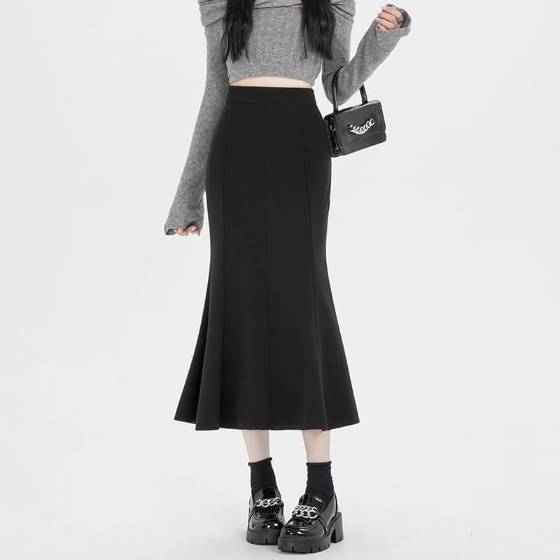 Plain High Waist Mermaid Hem Midi Skirt