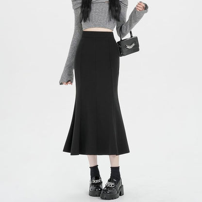 Plain High Waist Mermaid Hem Midi Skirt