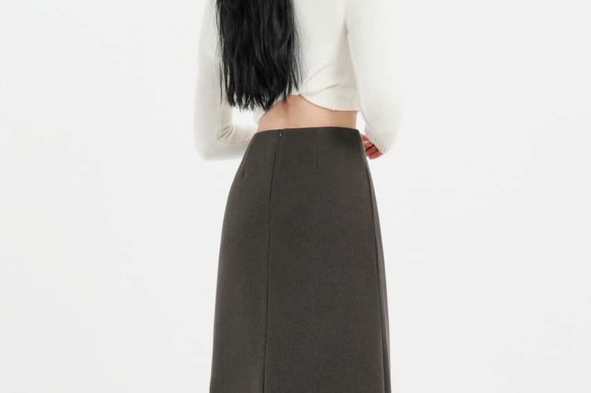 High Rise Solid Back Slit Straight Midi Skirt