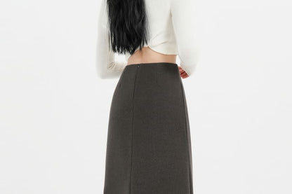 High Rise Solid Back Slit Straight Midi Skirt