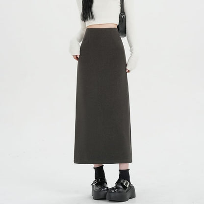 High Rise Solid Back Slit Straight Midi Skirt