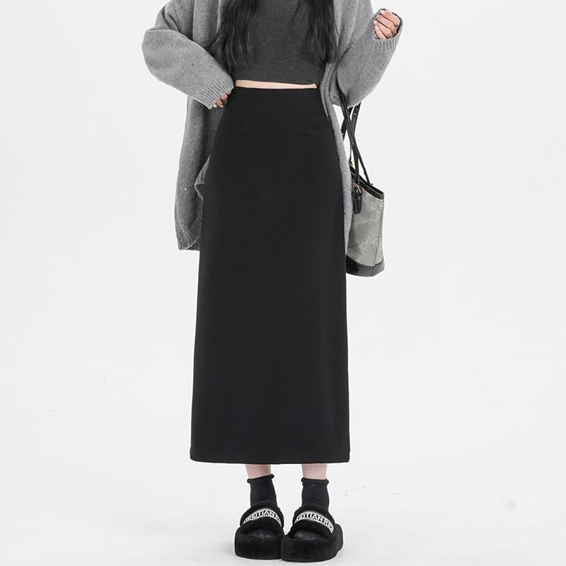High Rise Solid Back Slit Straight Midi Skirt