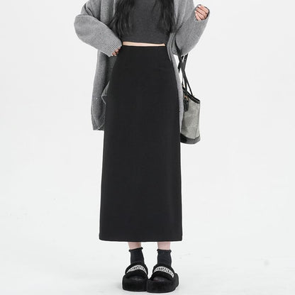 High Rise Solid Back Slit Straight Midi Skirt
