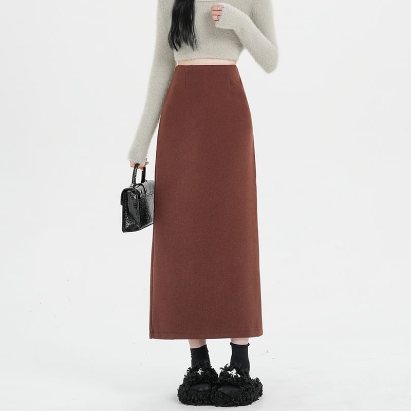 High Rise Solid Back Slit Straight Midi Skirt