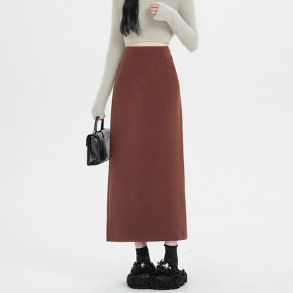 High Rise Solid Back Slit Straight Midi Skirt