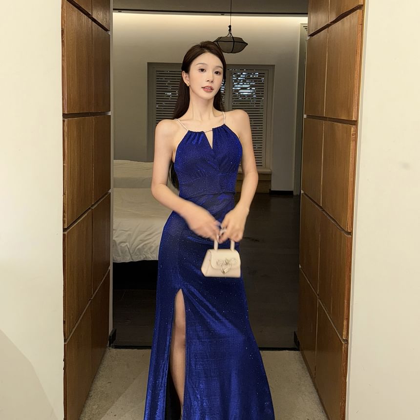 Spaghetti Strap Glitter Slit Sheath Evening Gown
