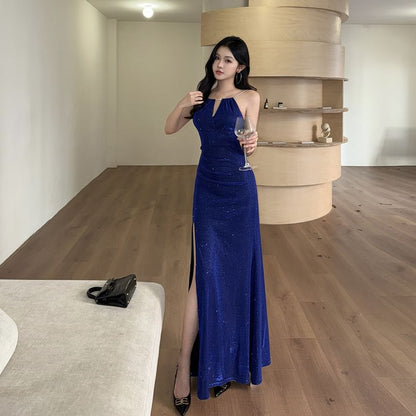 Spaghetti Strap Glitter Slit Sheath Evening Gown