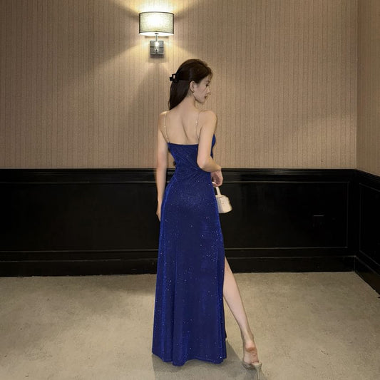 Spaghetti Strap Glitter Slit Sheath Evening Gown