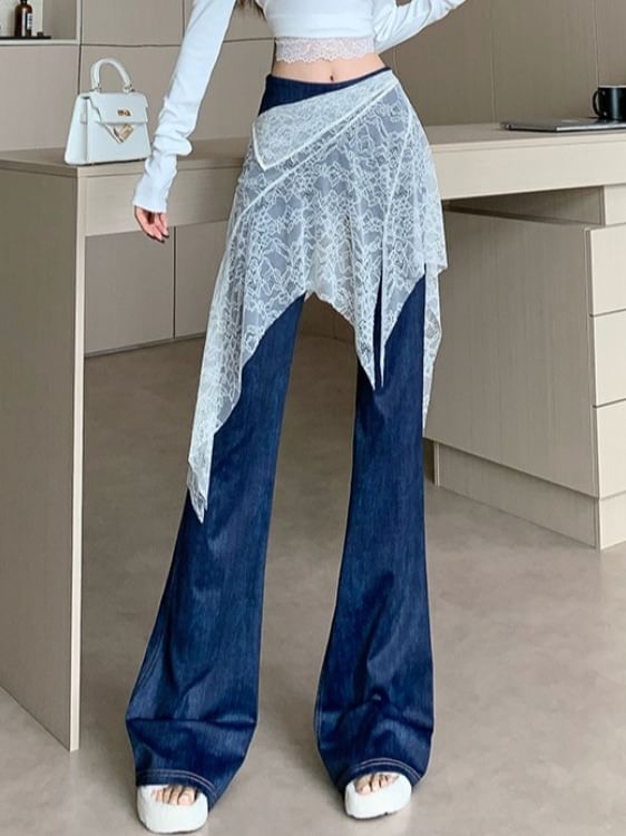 Asymmetric Lace Overlay Bell Bottom Denim Skirt