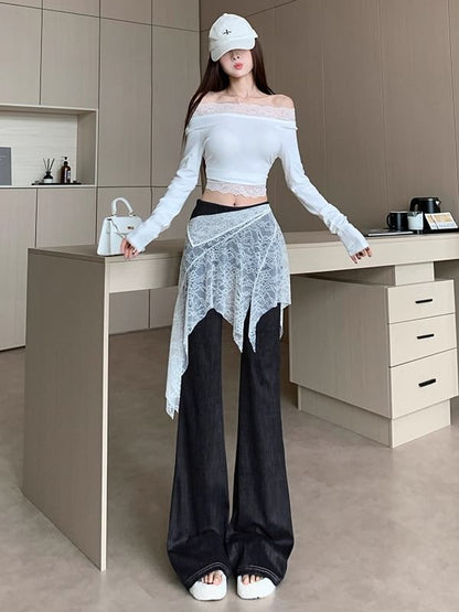 Asymmetric Lace Overlay Bell Bottom Denim Skirt