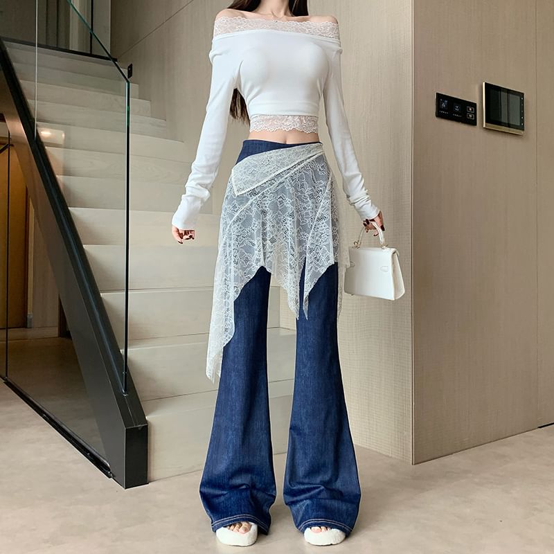 Asymmetric Lace Overlay Bell Bottom Denim Skirt